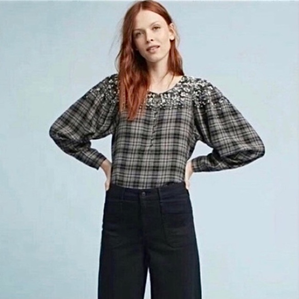 Akemi + Kin Embellished Plaid Flannel Shirt Pearl